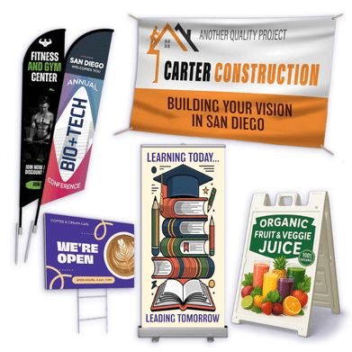 Feather flags, vinyl banner, yard sign and retractable banner